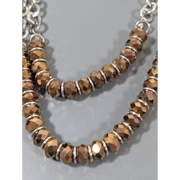 Bronze Tone Faceted Glass Bead Double Strand Round Chain Necklace 22" - Picture 3 of 7